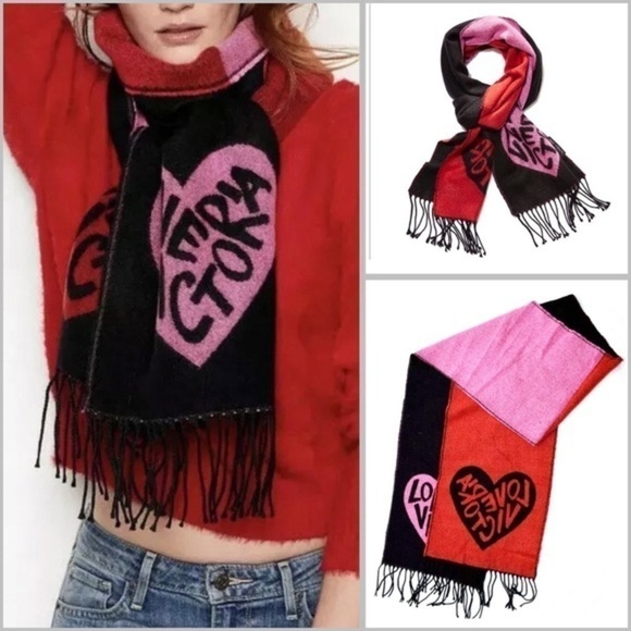 Victoria’s secret winter angle scarf red pink black graphic logo cozy - Picture 1 of 7